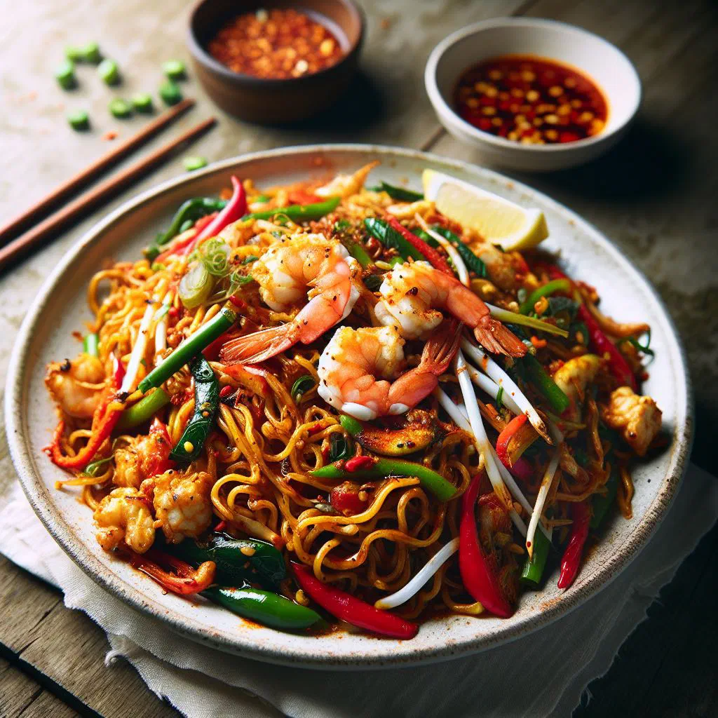 Plate of Bruneian mee goreng fried noodles garnished with fresh coriander