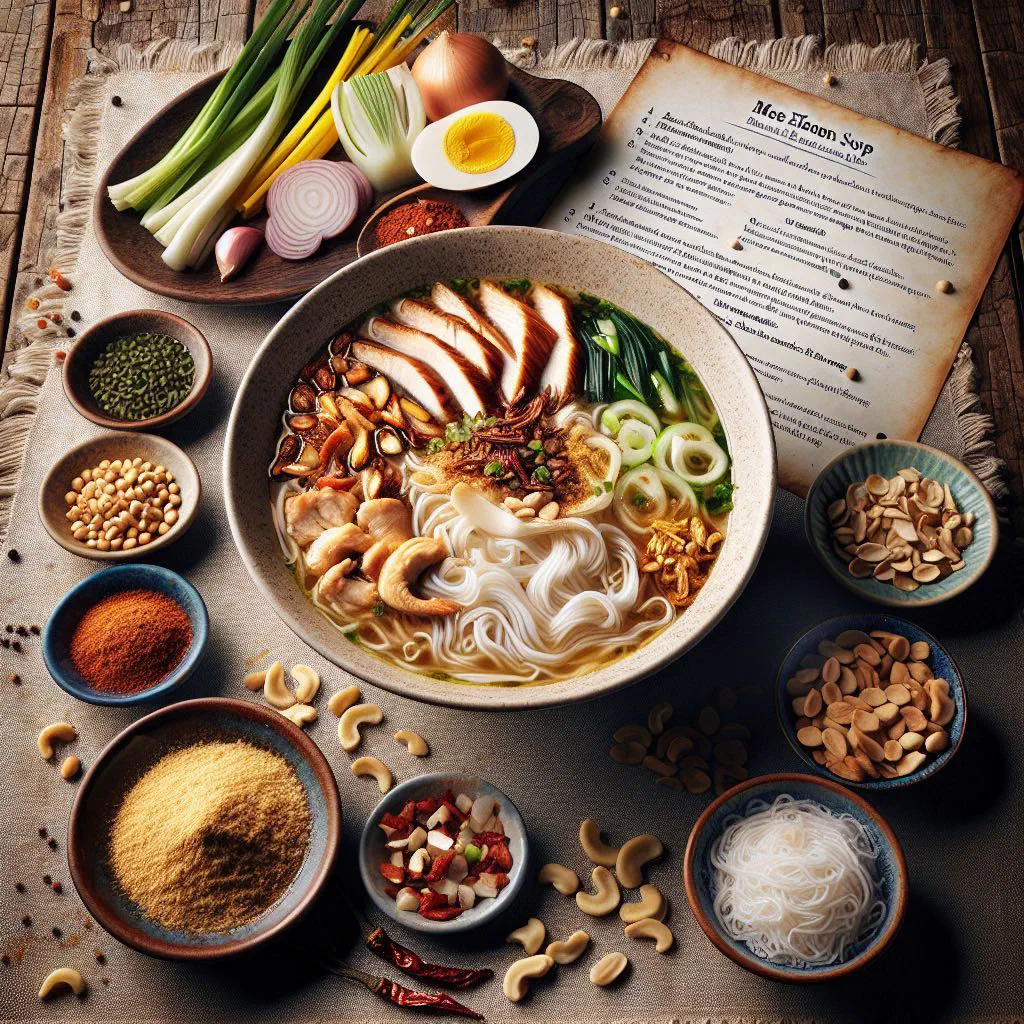 Bowl of mee hoon soup with rice noodles, vegetables and fresh coriander