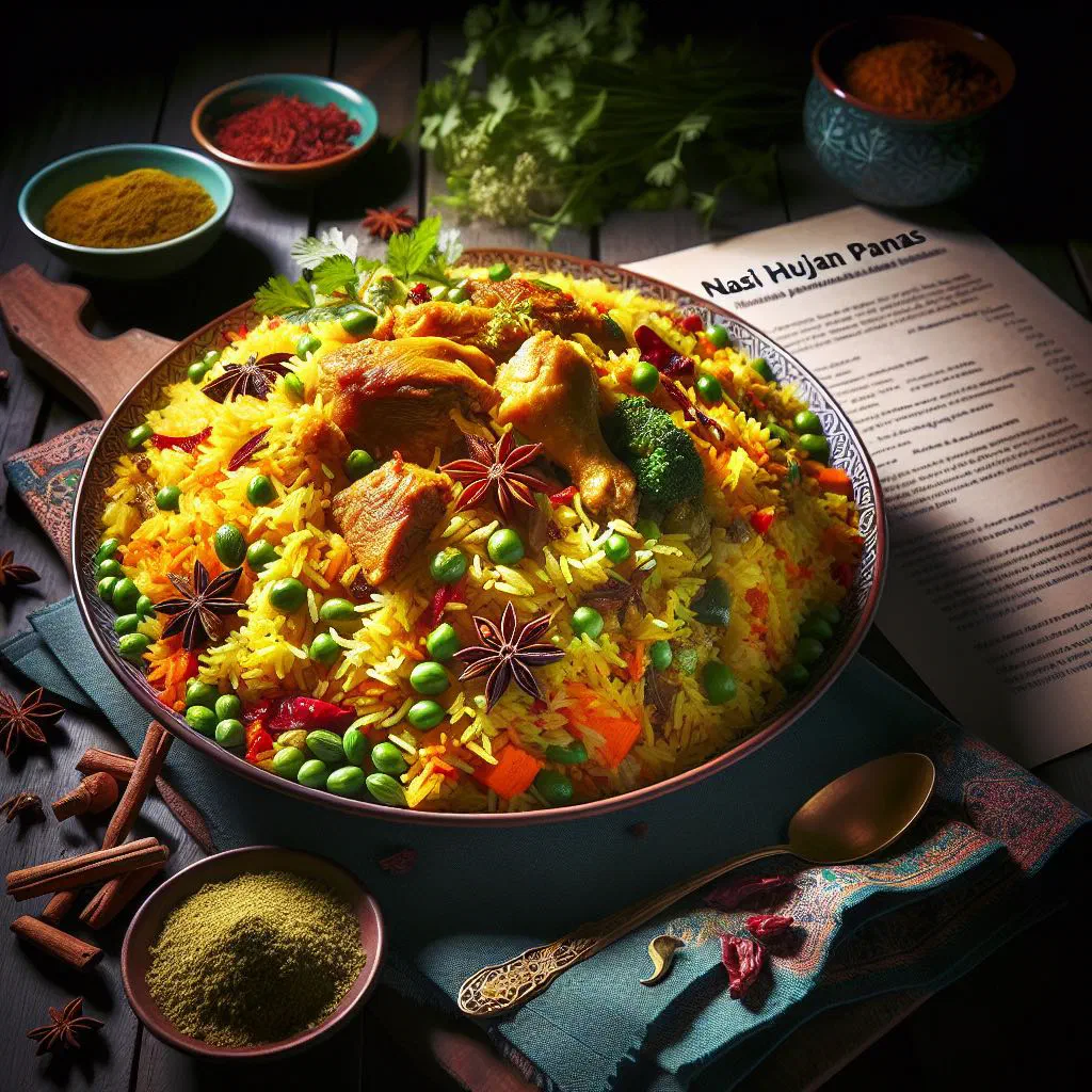Golden turmeric rice with chicken, peas and carrots, garnished with coriander