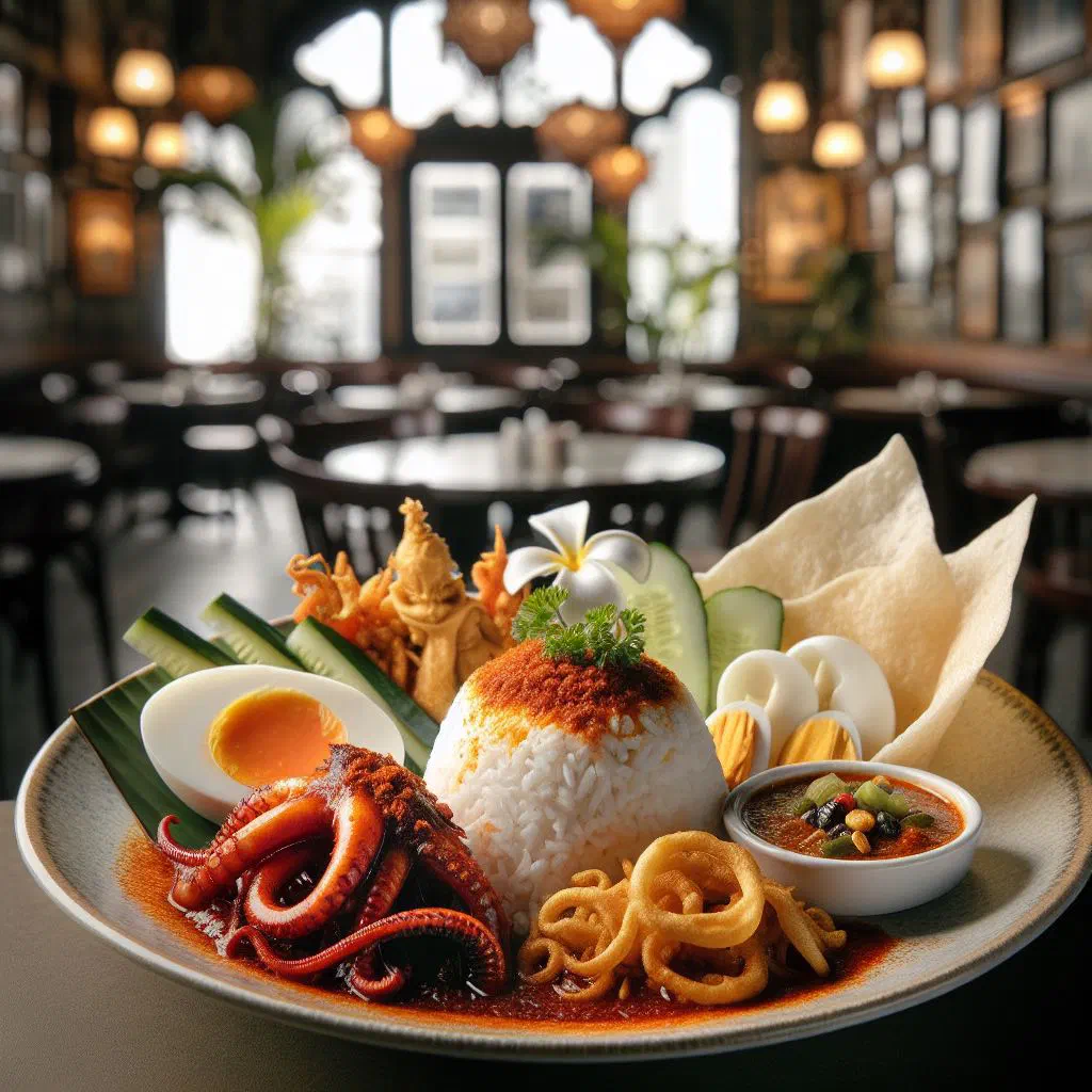 Nasi kandar with fragrant rice and a rich coconut curry