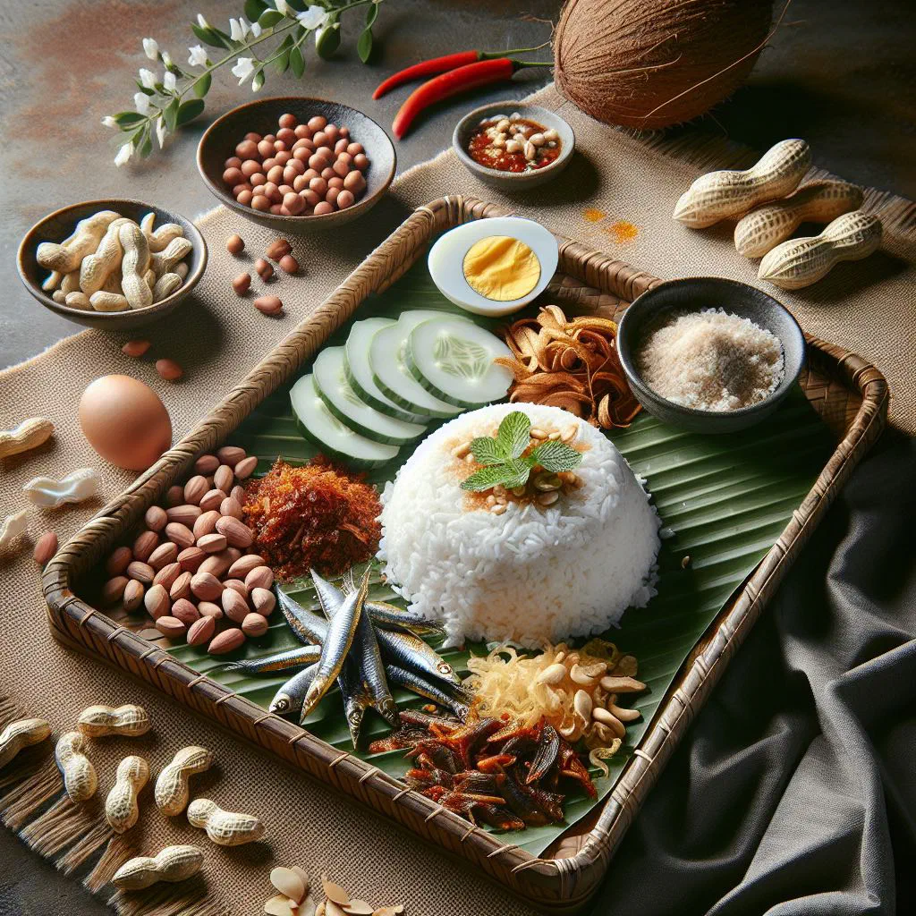 Nasi lemak with coconut rice, crispy anchovies, sambal and a boiled egg