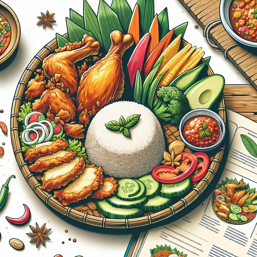 Nasi penyet with crispy chicken, steamed rice, sambal and fresh vegetables