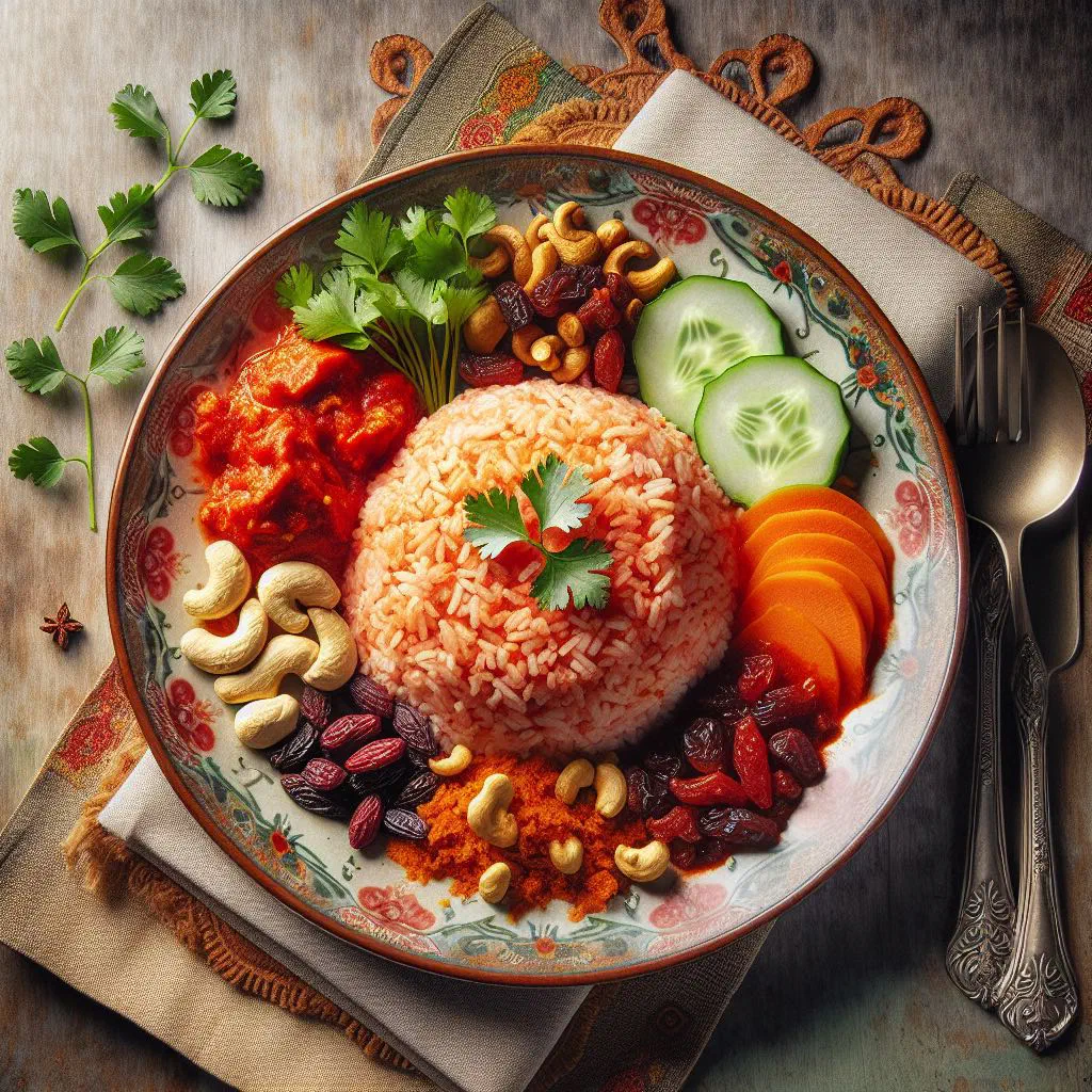A bowl of fragrant Nasi Tomato garnished with fresh herbs