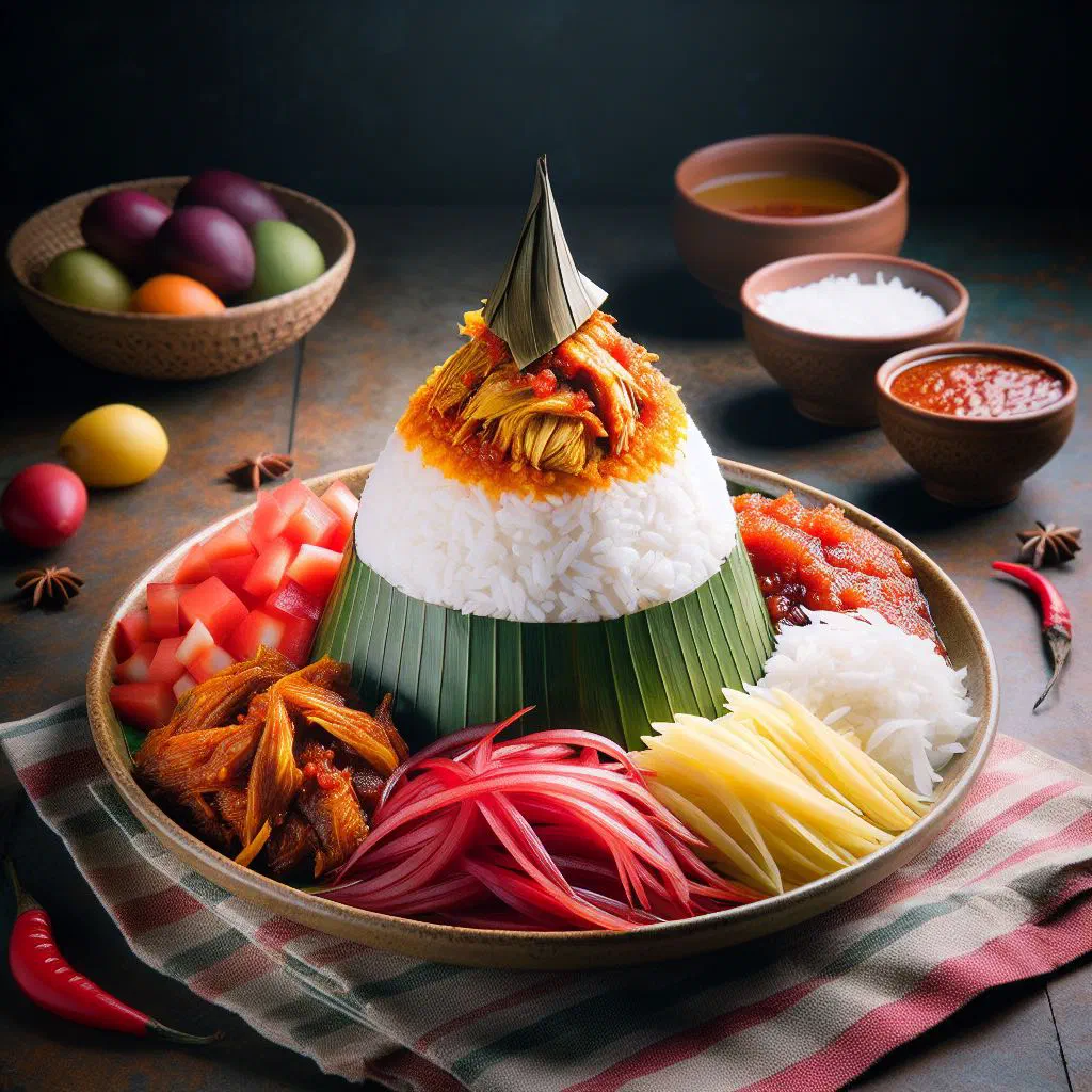 Nasi tumpang rice parcels wrapped in banana leaf with chicken and vegetables