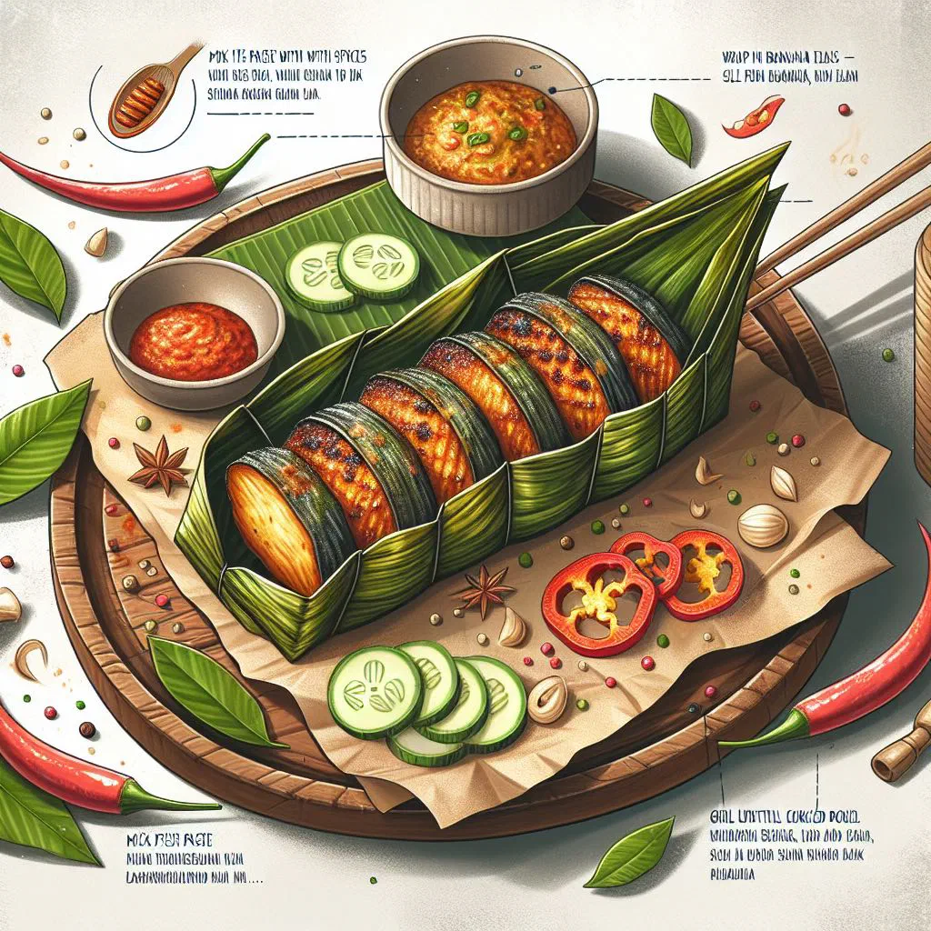 Grilled otak-otak fish parcels wrapped in charred banana leaves