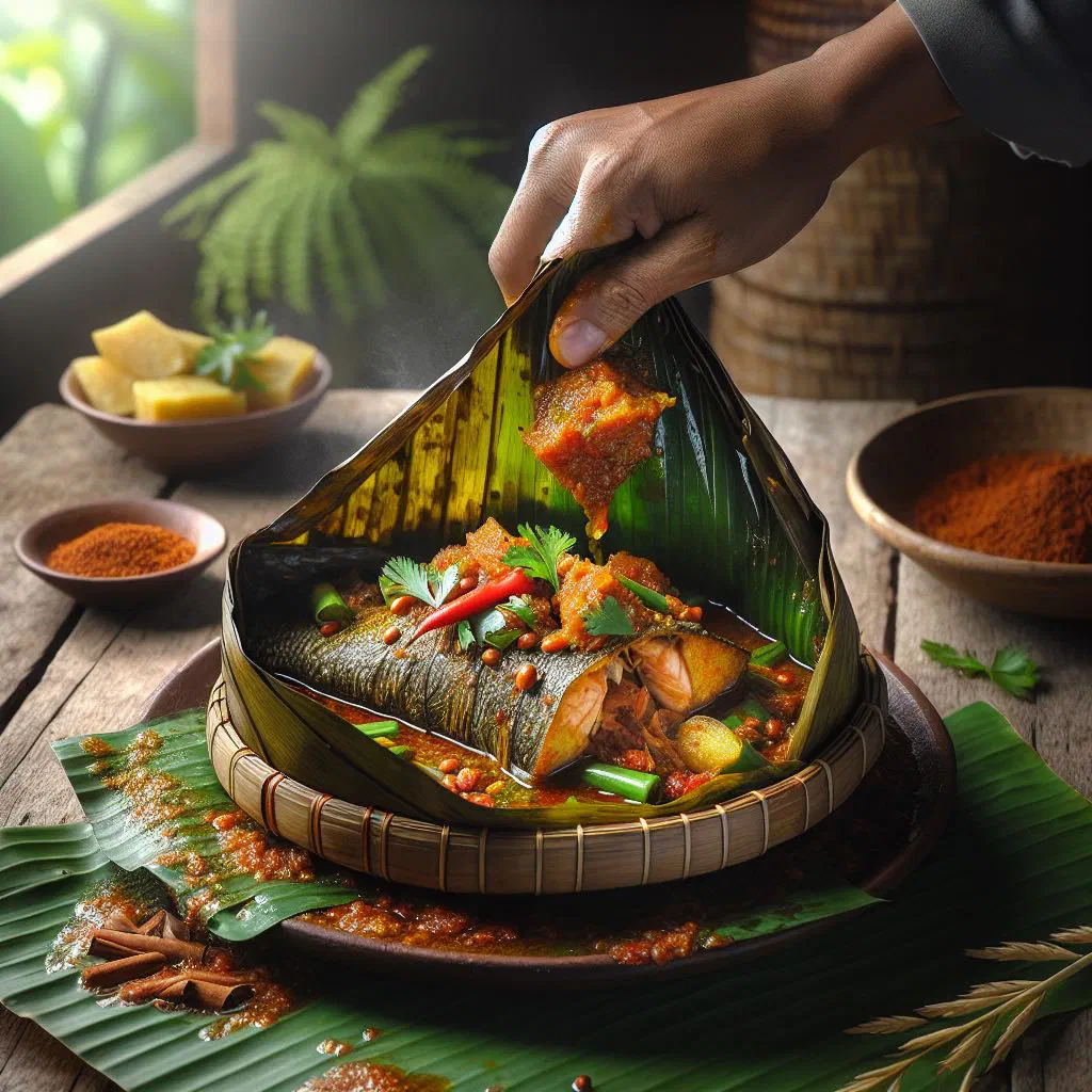 Spiced fish parcels wrapped in banana leaves, steamed and served on a plate