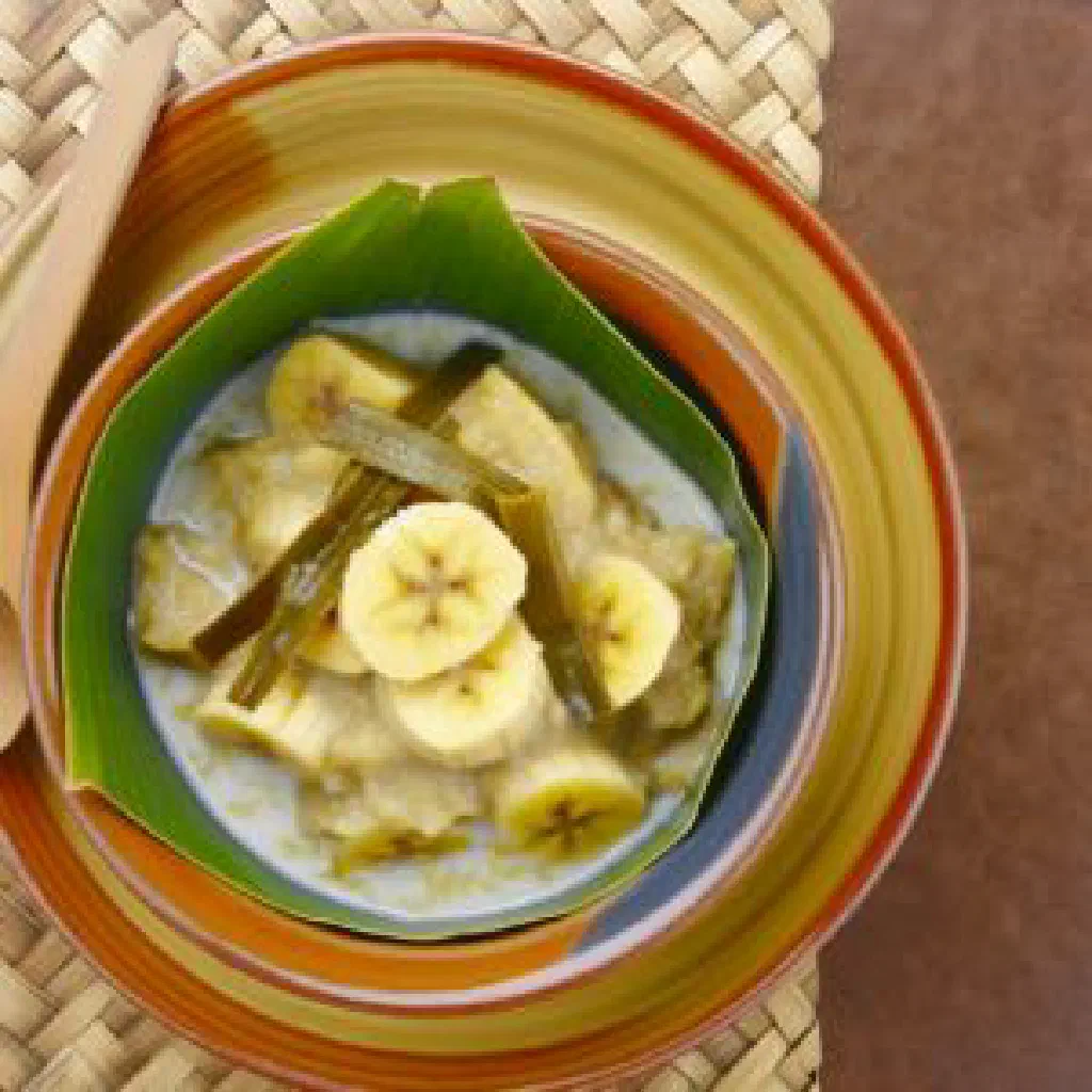 Bowl of pengat pisang with banana pieces in creamy coconut milk