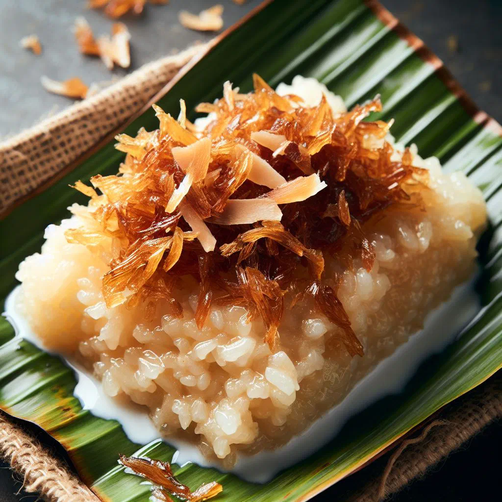 Pulut inti — glutinous rice topped with sweet coconut filling on a banana leaf