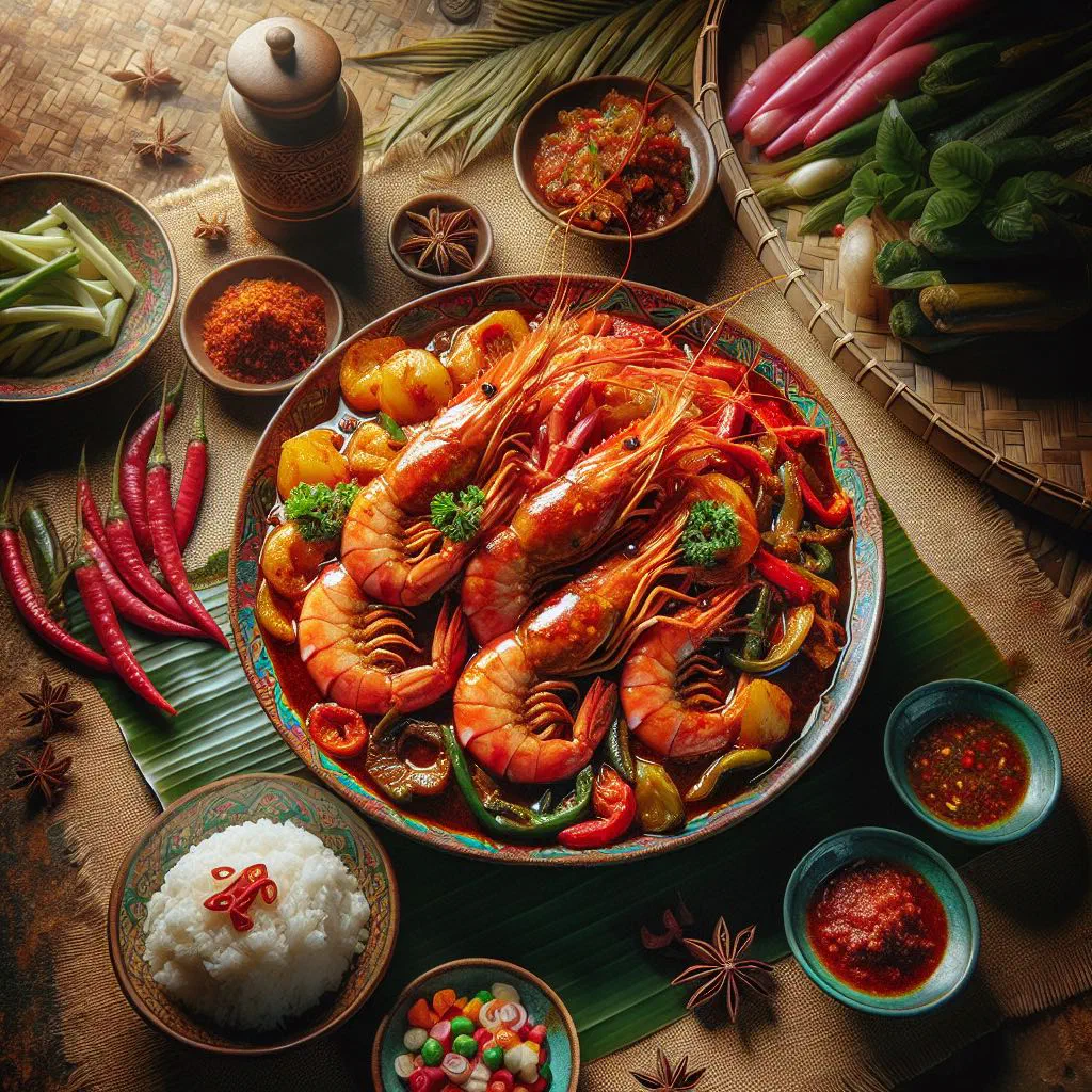 Prawns in a rich red sambal sauce garnished with fresh coriander