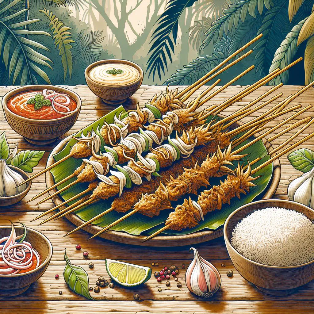 Grilled satai lilit skewers wrapped around lemongrass stalks with peanut sauce