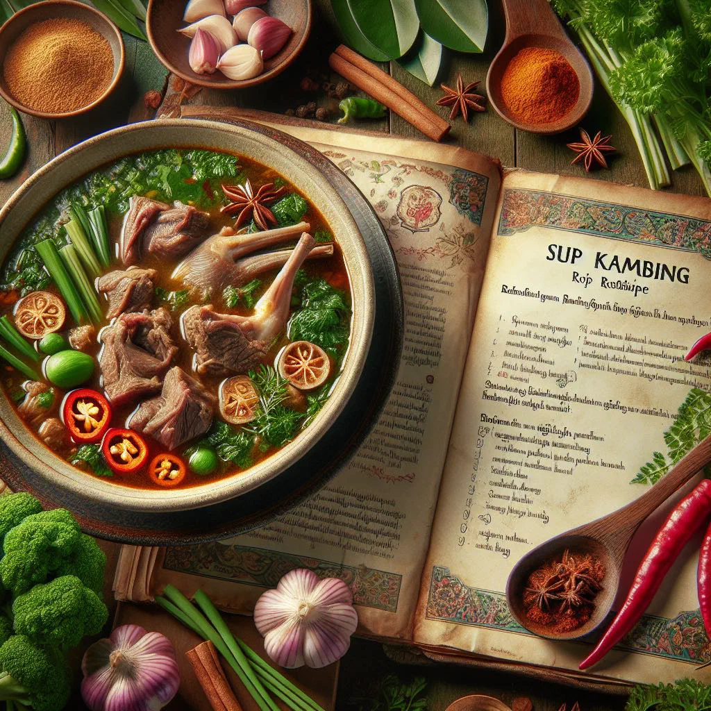Bowl of Sup Kambing goat soup garnished with fresh coriander