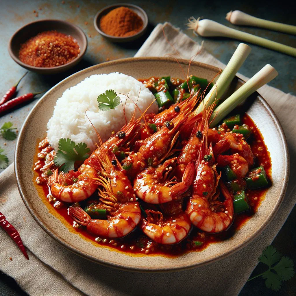 Prawns in a creamy coconut sambal sauce with lemongrass