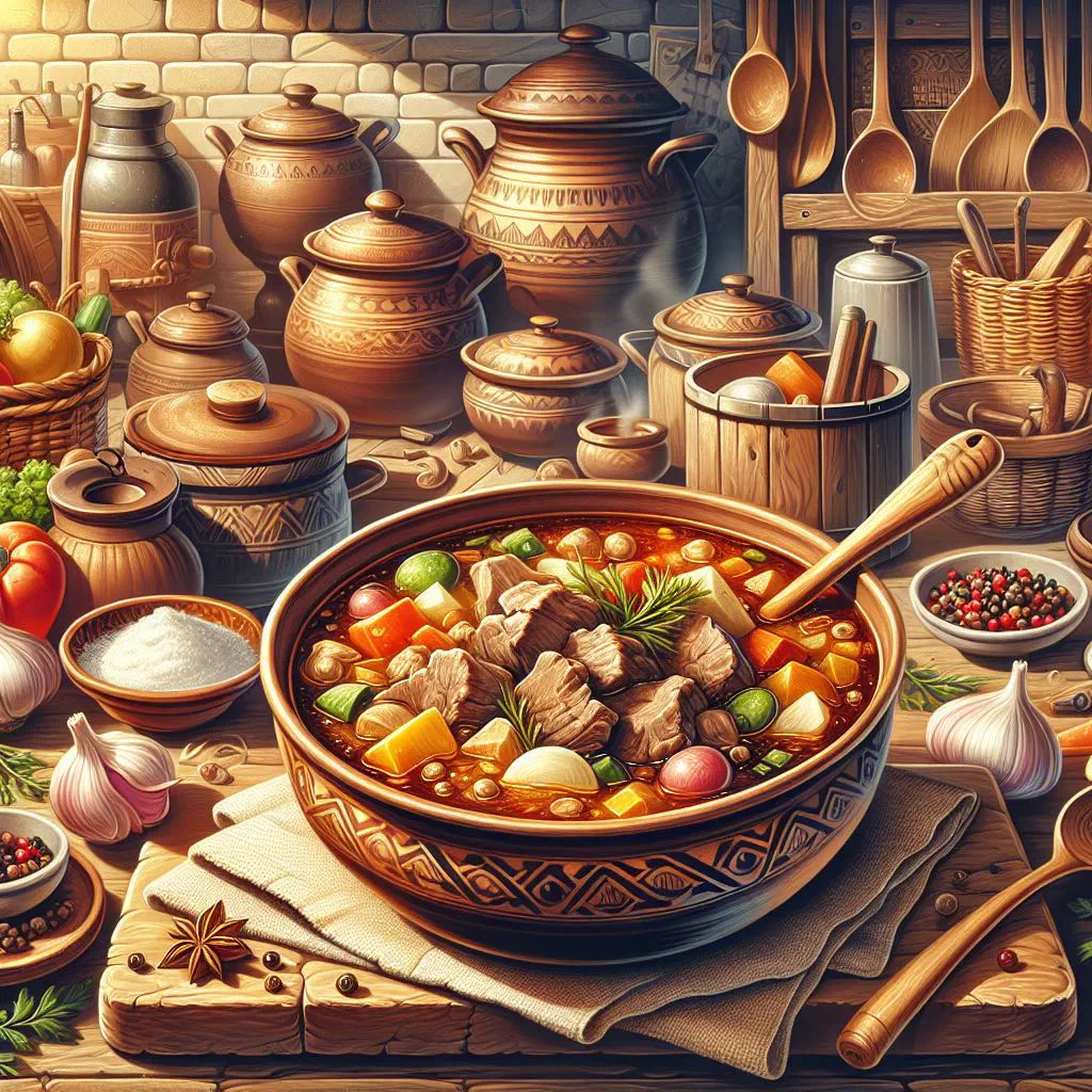 Bowl of Bulgarian lamb chorba with vegetables and fresh herbs