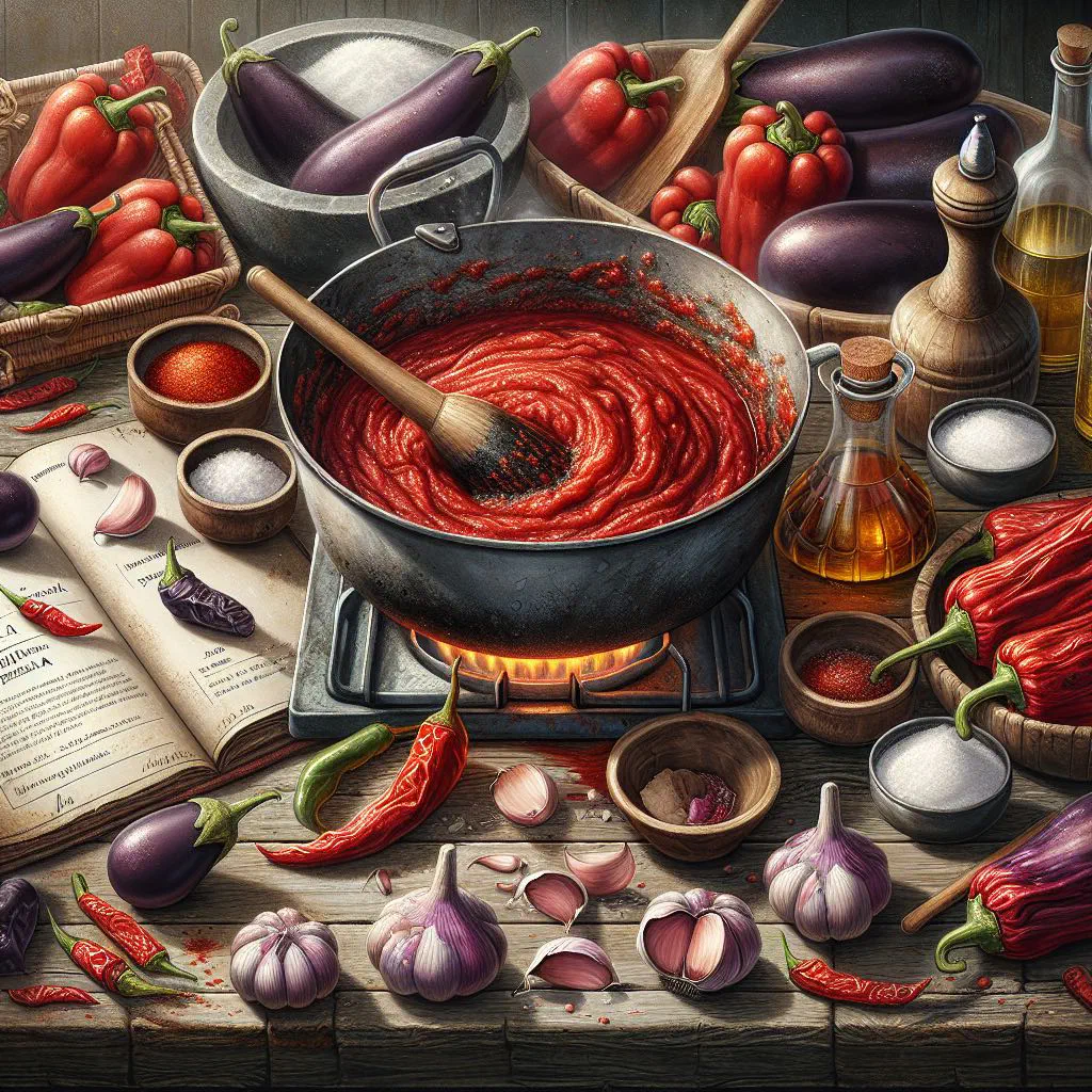 Bowl of deep red ajvar pepper relish drizzled with olive oil and served with bread