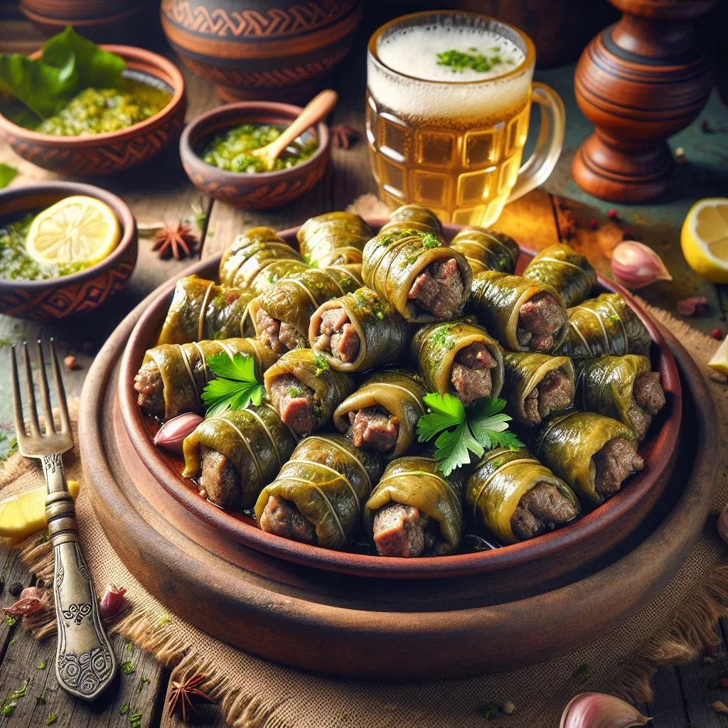 Drob sarma with rice and offal filling wrapped in vine leaves