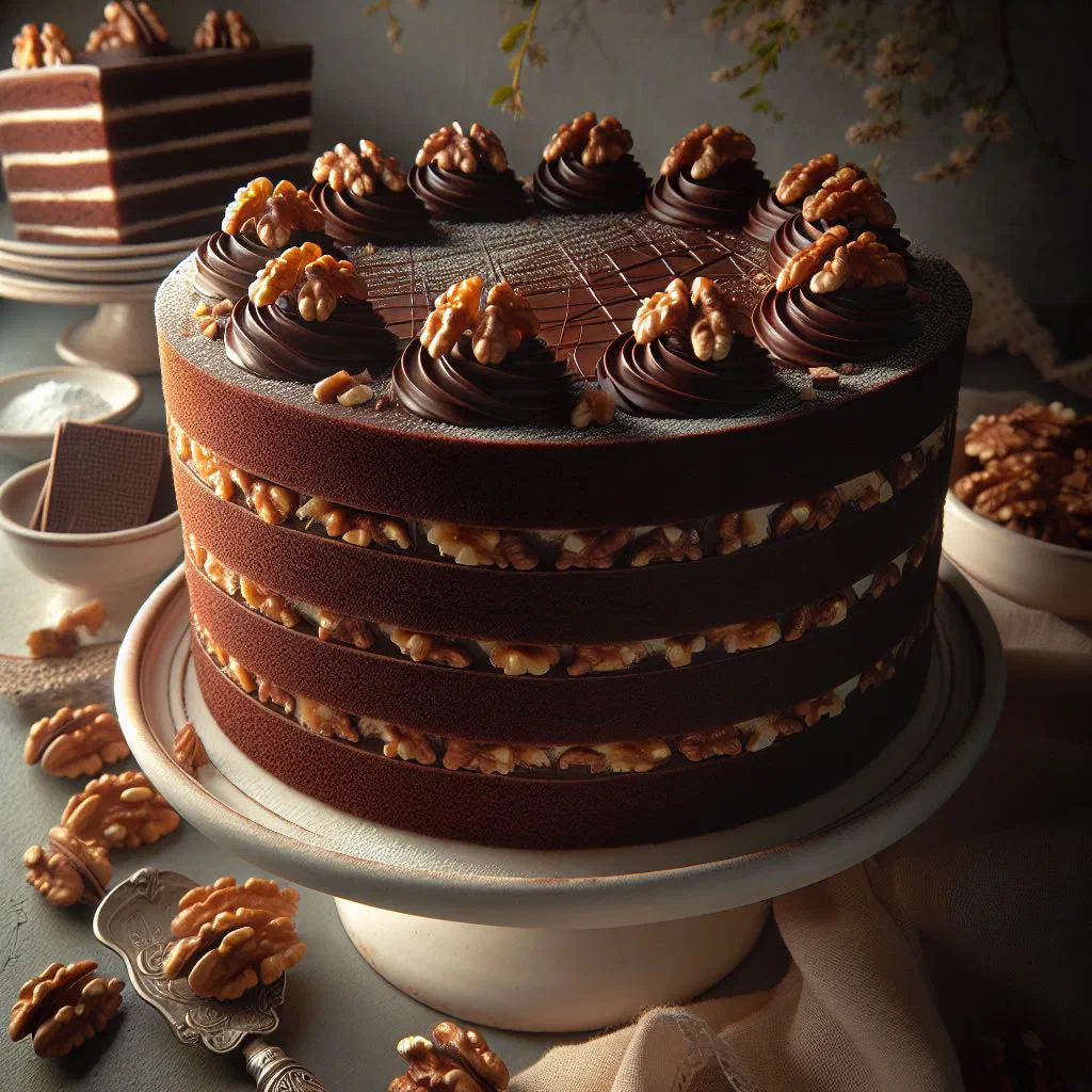 Slice of Bulgarian Garash cake with dark chocolate and ground nuts