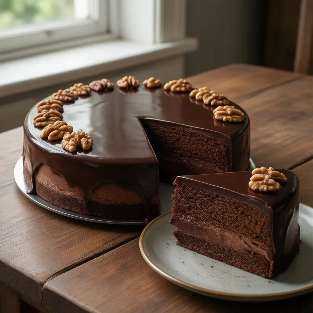 Slice of Bulgarian Garash torte with dark chocolate glaze and chopped walnuts