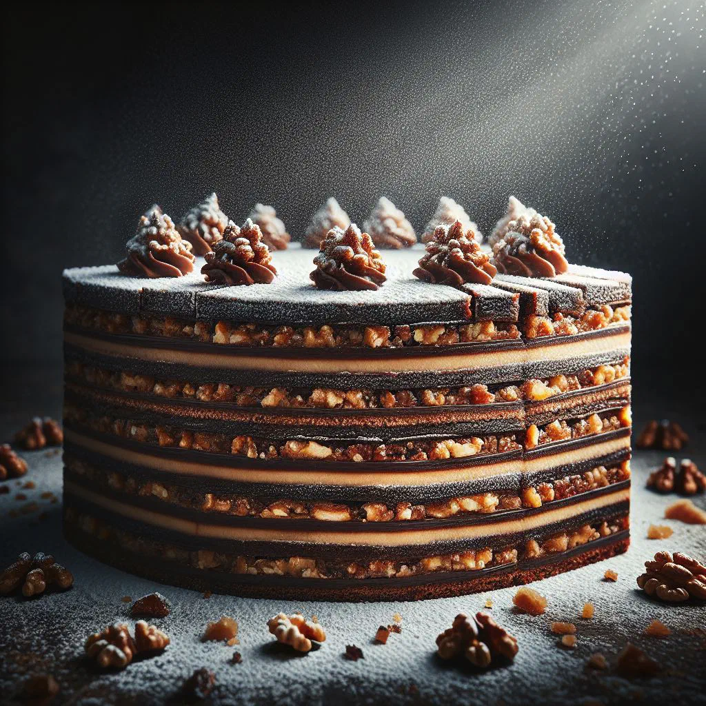 Slice of Bulgarian Garash torte with dark chocolate glaze and chopped walnuts