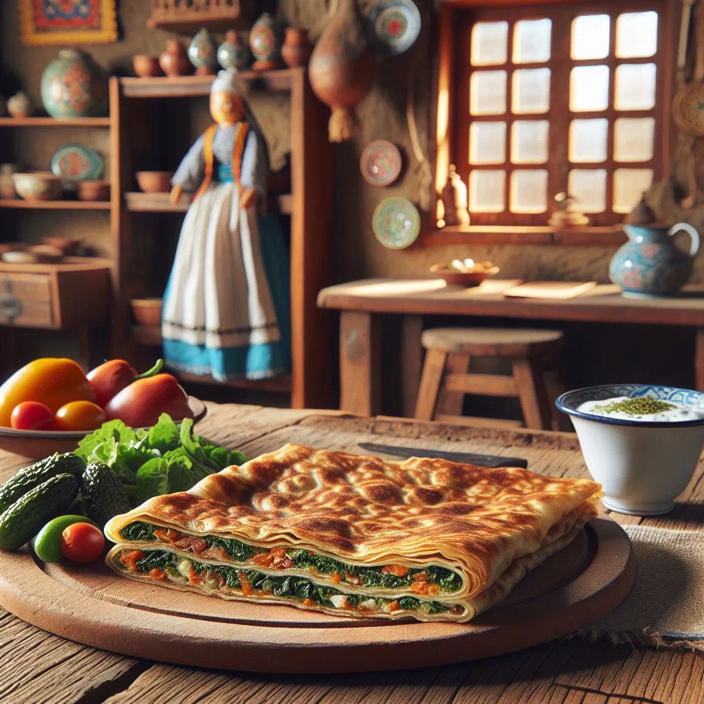 Golden pan-fried gözleme filled with spinach and feta, cut into wedges