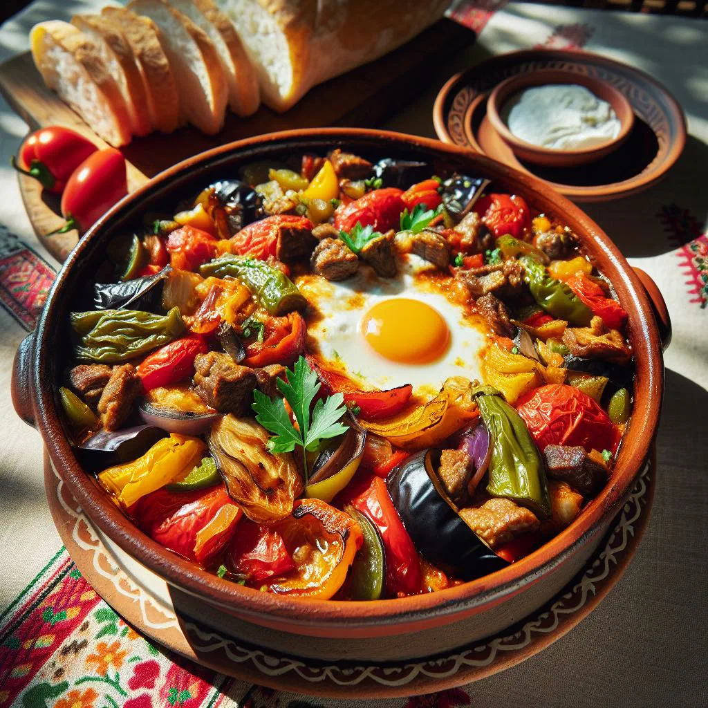 Gyuveche served bubbling hot in a small clay pot with peppers and feta
