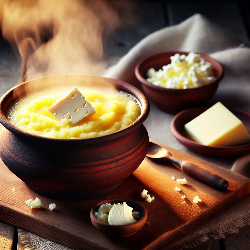 Creamy Bulgarian kachamak topped with crumbled feta and fresh herbs