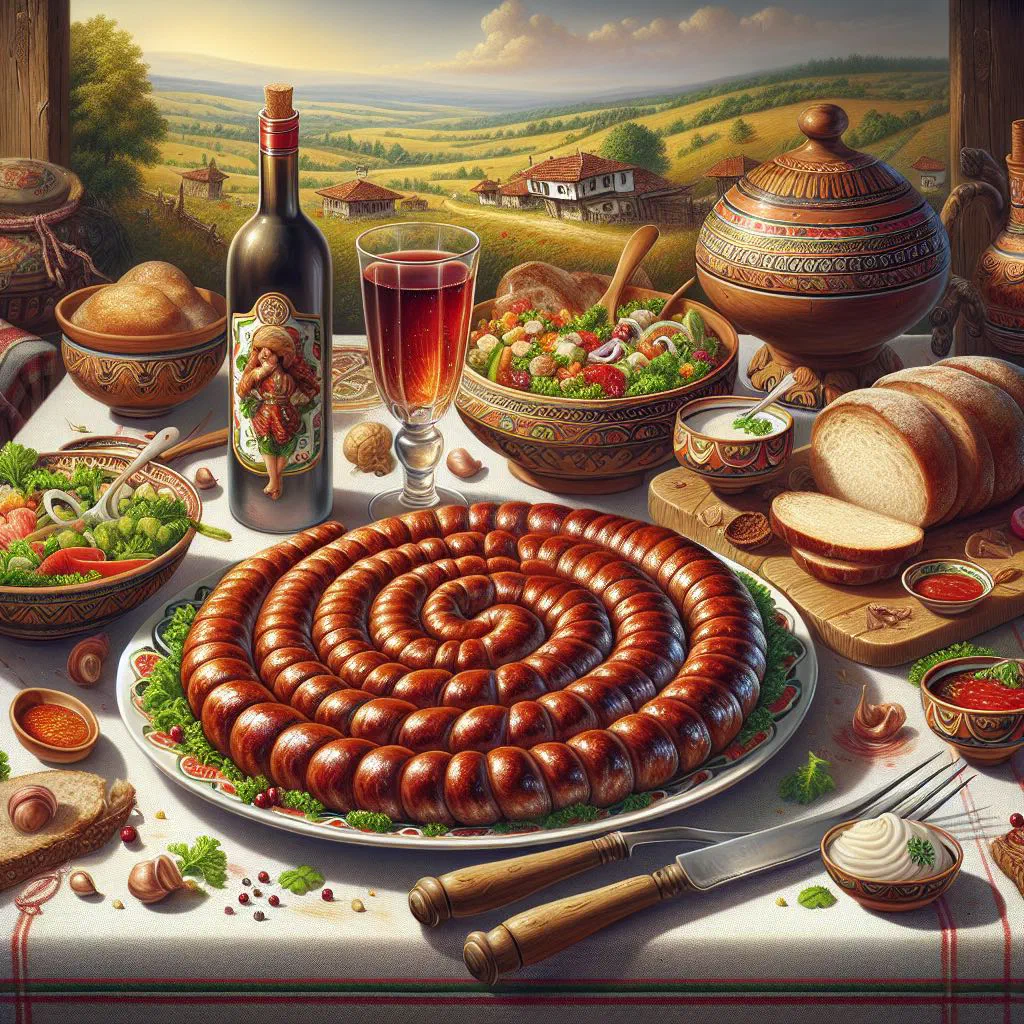 Coiled grilled Bulgarian karnache sausage with fresh bread and herbs