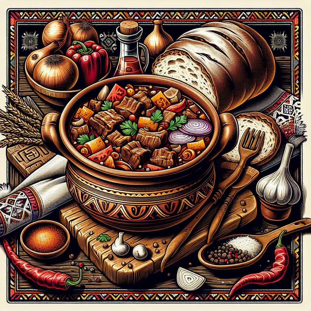 Bulgarian kavarma with tender meat, peppers and mushrooms in a clay pot