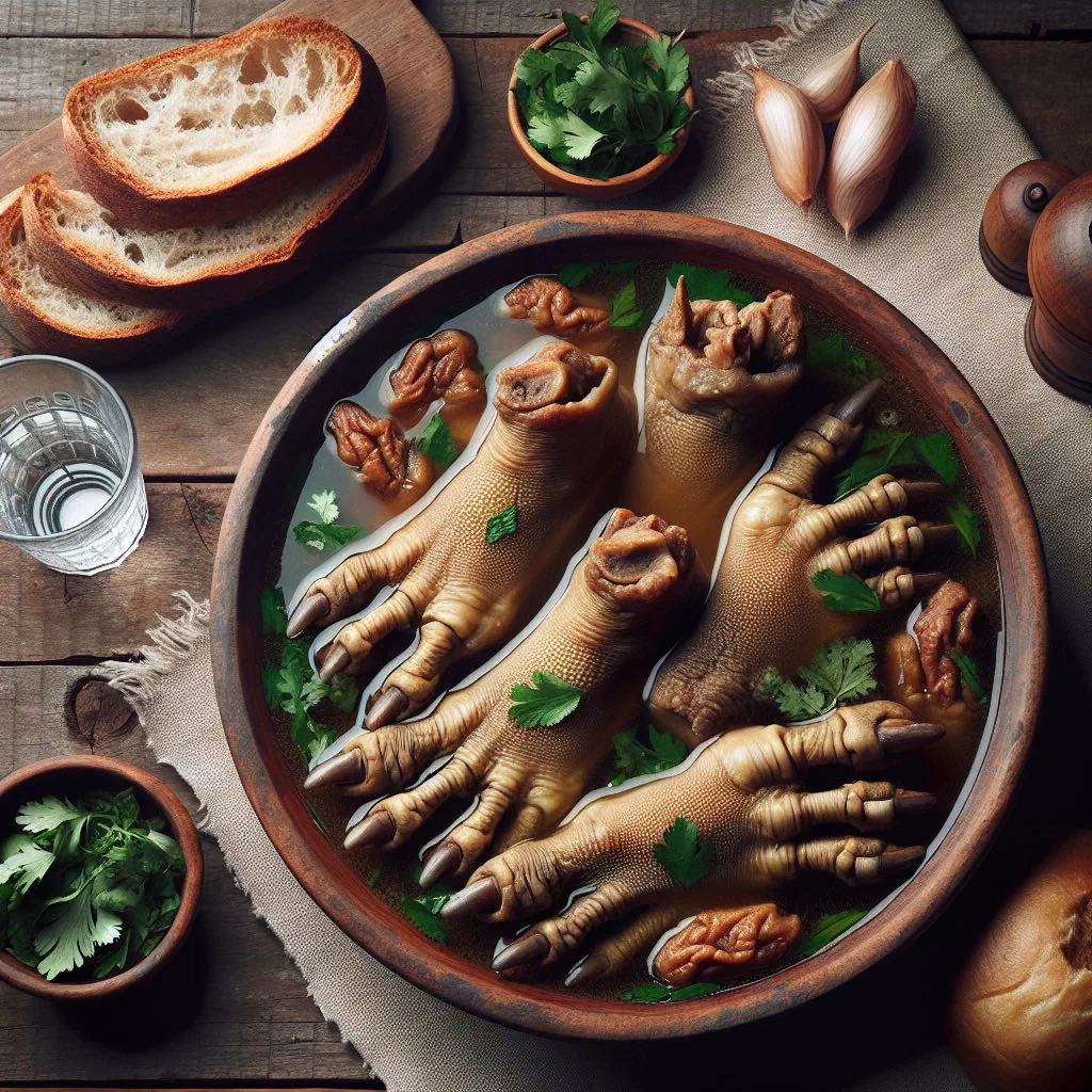Bowl of Bulgarian khash broth with garlic, fresh herbs and bread