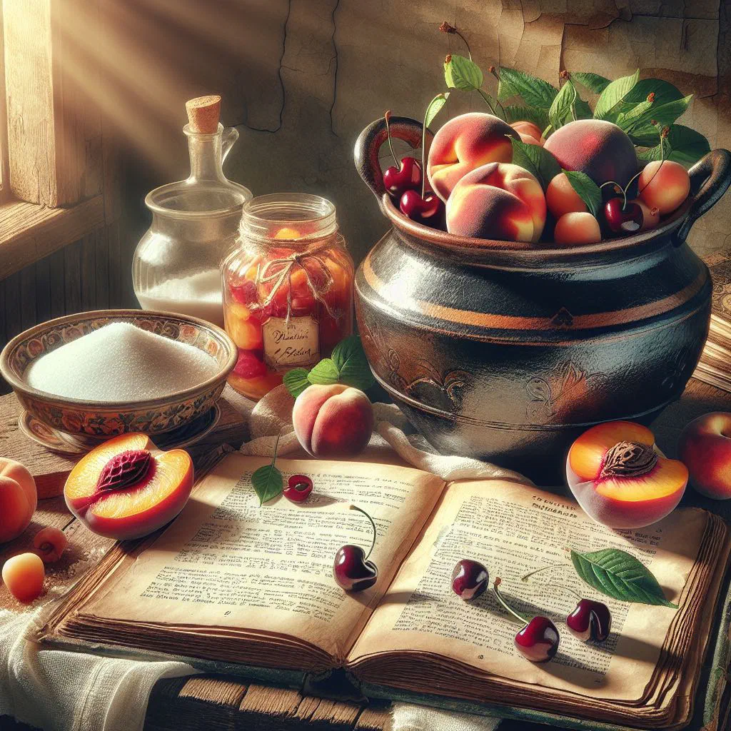 Glass jug of Bulgarian kompot with pieces of stewed fruit and a cinnamon stick