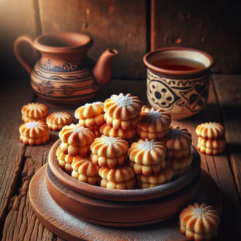 Bulgarian kurabiiki almond biscuits dusted with icing sugar on a plate