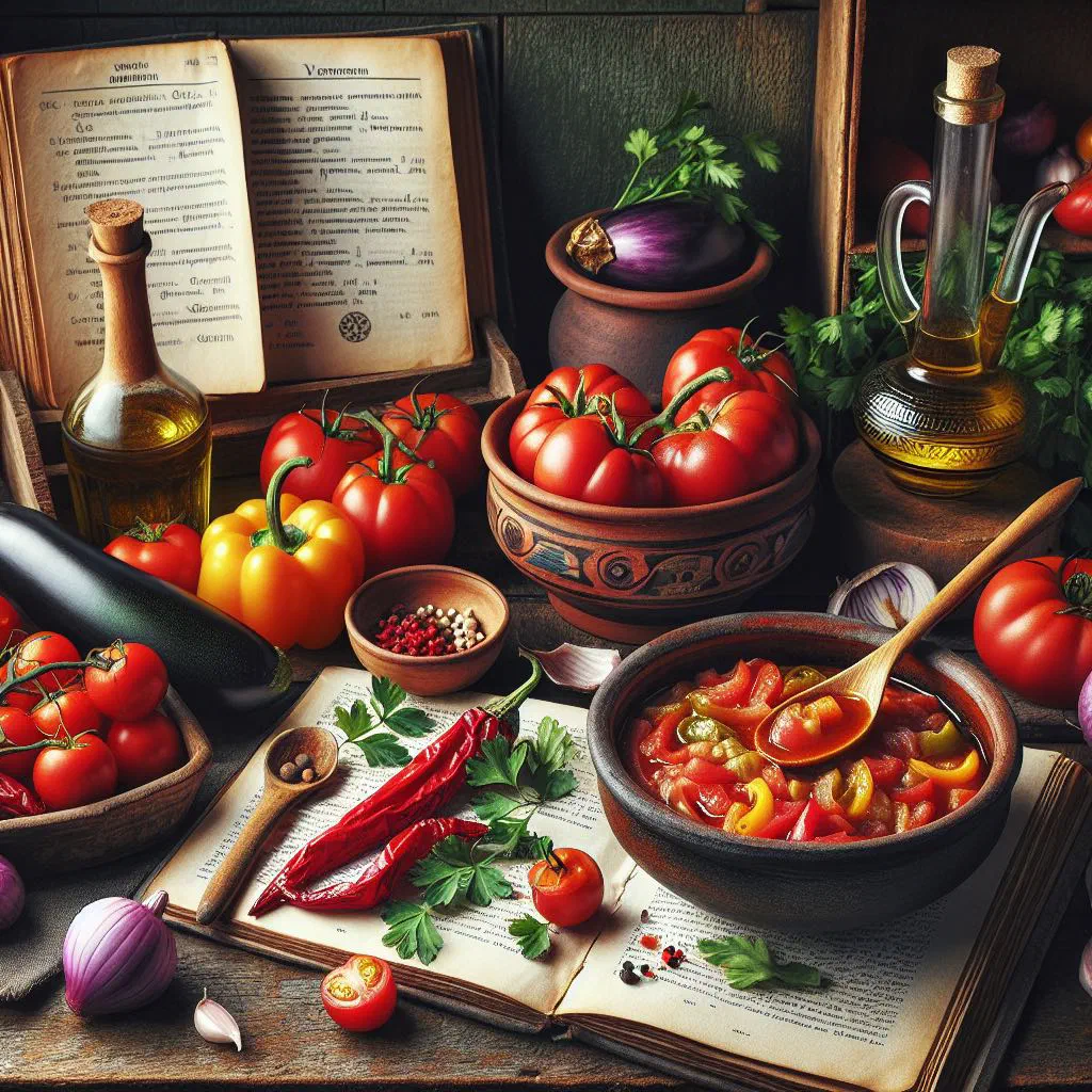 A bowl of deep red liutenitsa relish served with fresh bread
