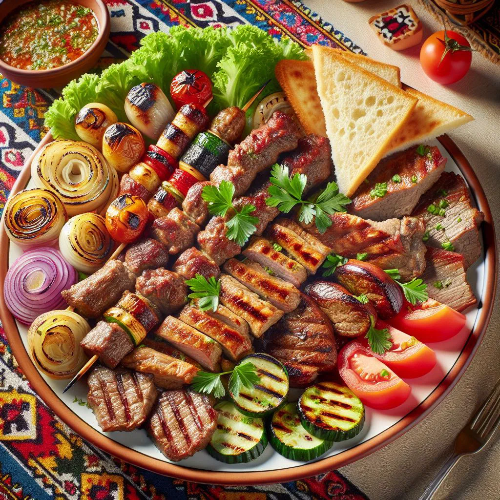 Bulgarian mixed grill platter with grilled meats, sausages and fresh bread