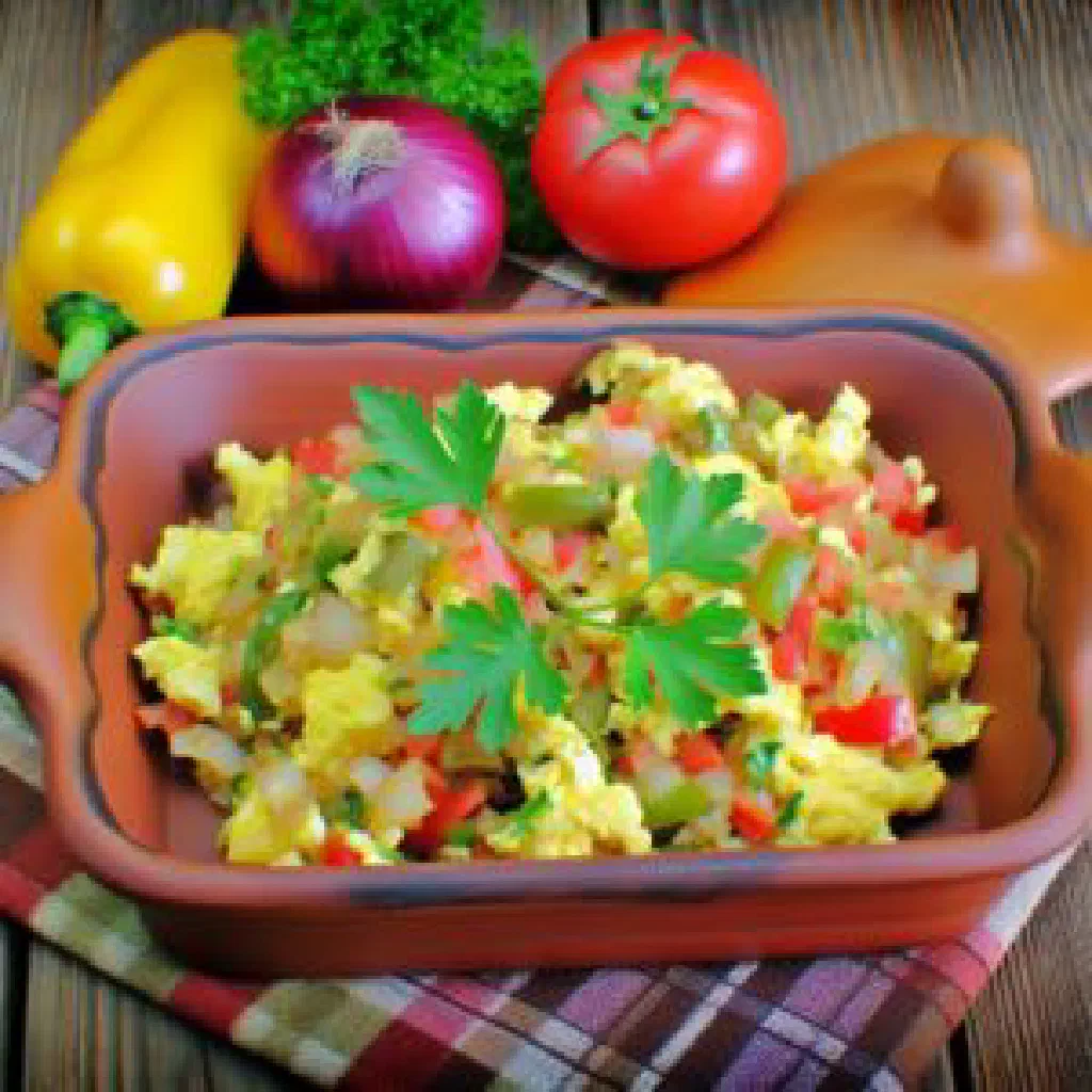 Bulgarian mish-mash of scrambled eggs, peppers and crumbled feta in a pan