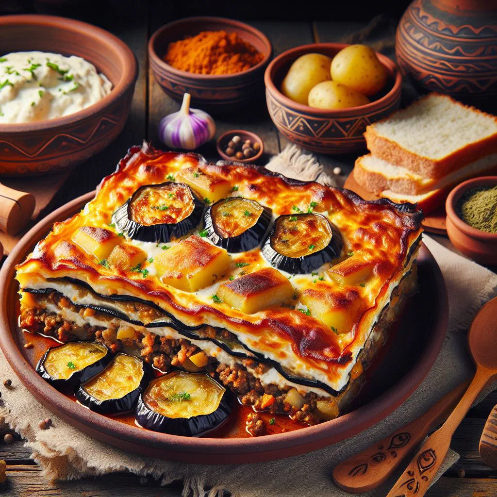 Golden-baked Bulgarian moussaka with potatoes and a creamy topping in a dish