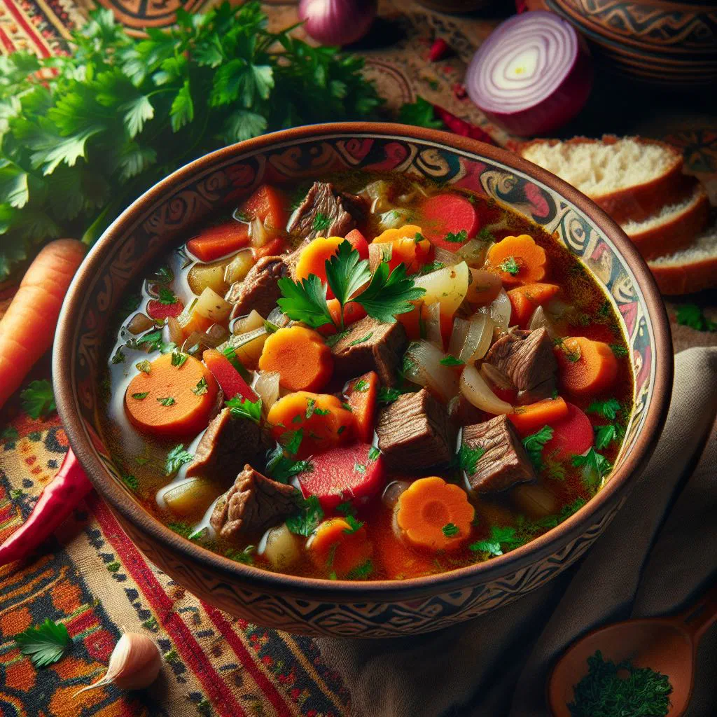 Bowl of Bulgarian ribena chorba with pork, carrots and parsley