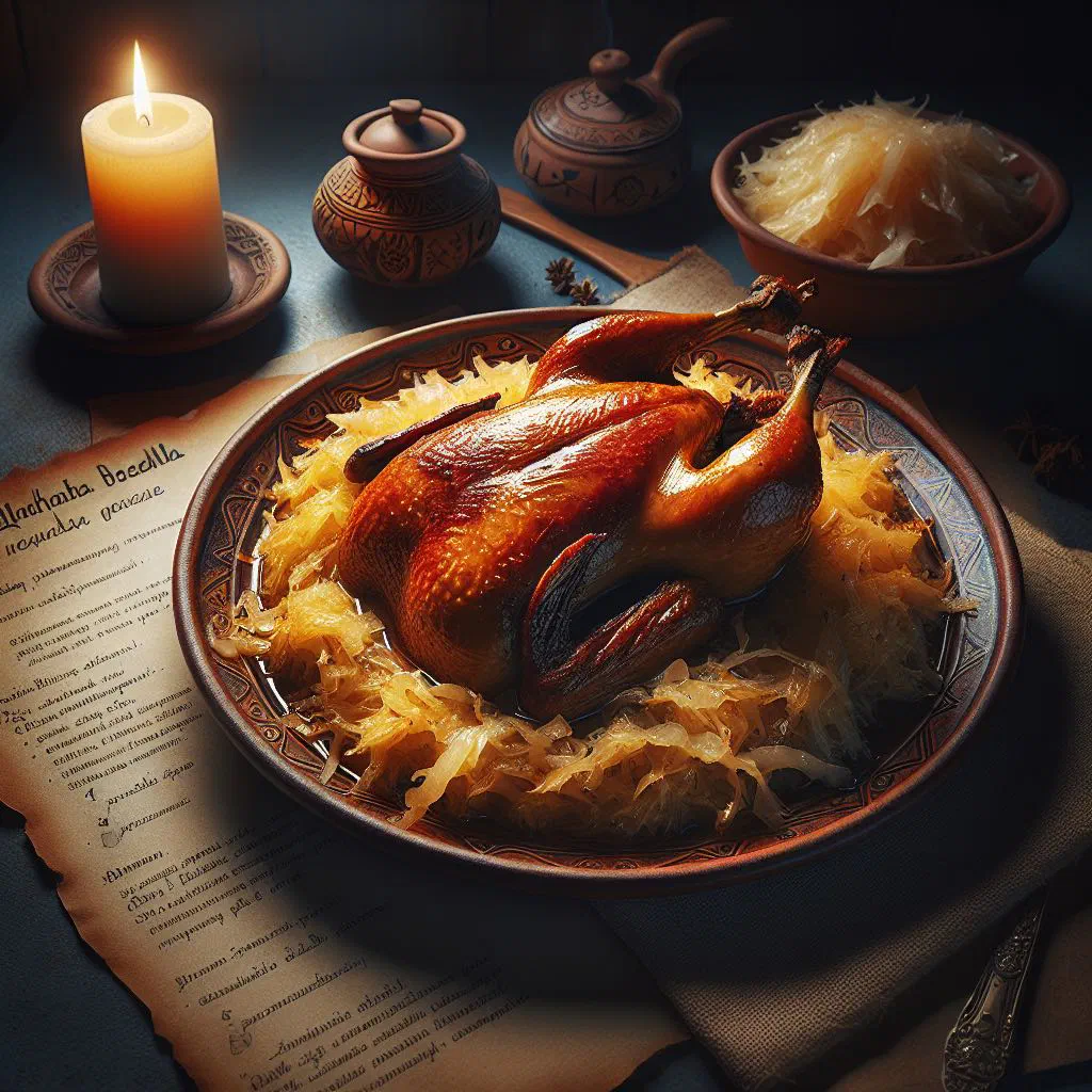 Braised duck halves resting on golden sauerkraut with apple and onion
