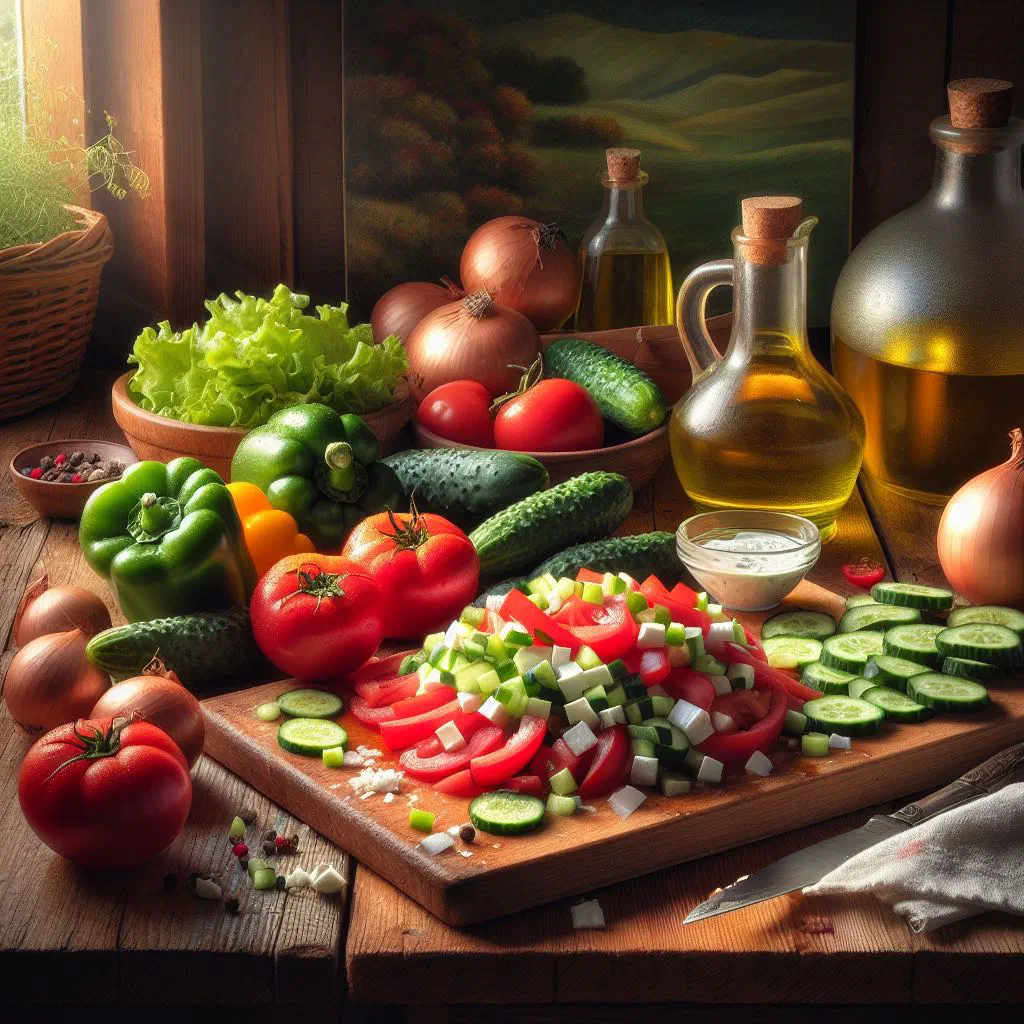 Shopska salad of diced tomatoes, cucumber and peppers under grated white cheese