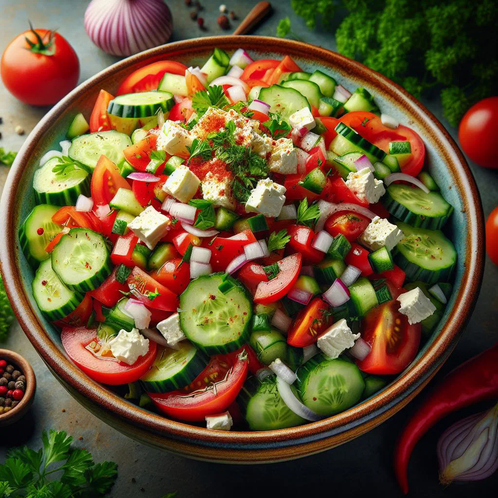 Shopska salata with tomatoes, cucumber, peppers and grated white cheese