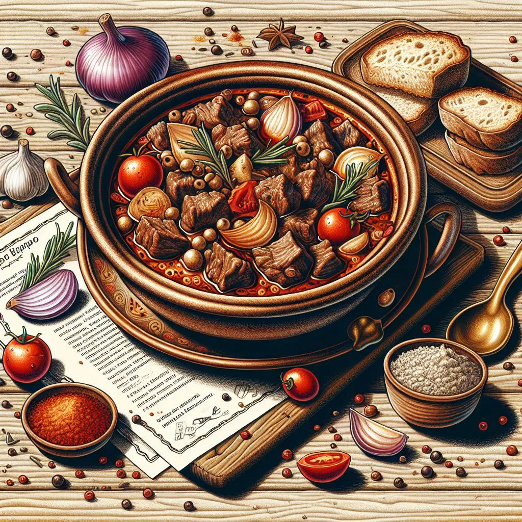 Rustic bowl of Bulgarian stifado beef stew with onions, carrots and parsley