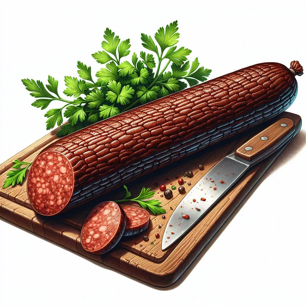 Sliced sudzhuk sausage on a wooden board with cheese, bread and olives