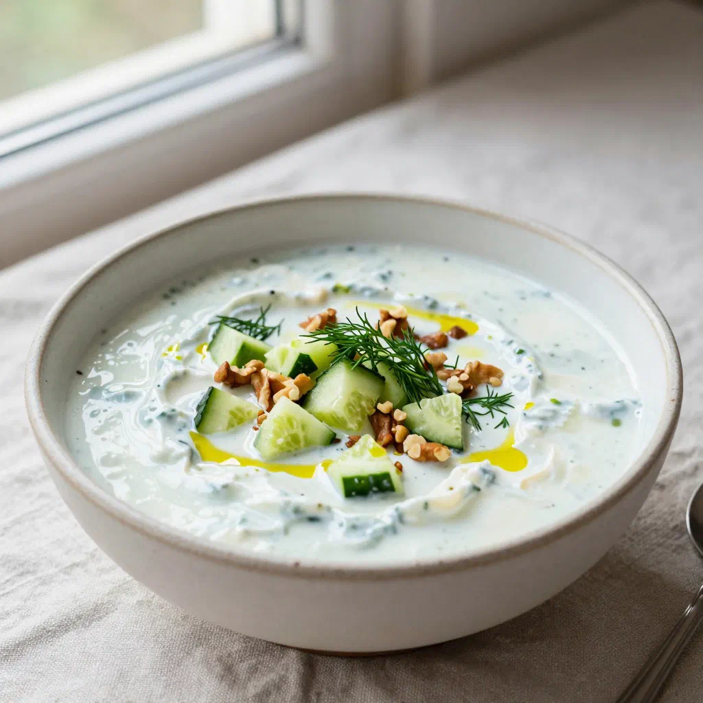Bowl of chilled Bulgarian tarator soup with cucumber, walnuts and dill
