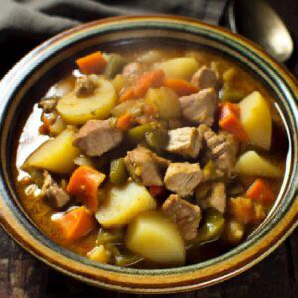 Bulgarian tchomlek stew with tender meat and vegetables in a clay pot