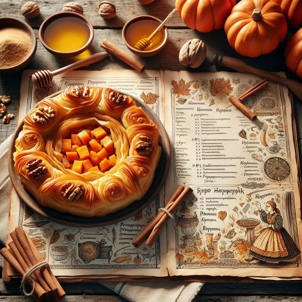 Golden rolled pumpkin pastry dusted with icing sugar, sliced on a plate