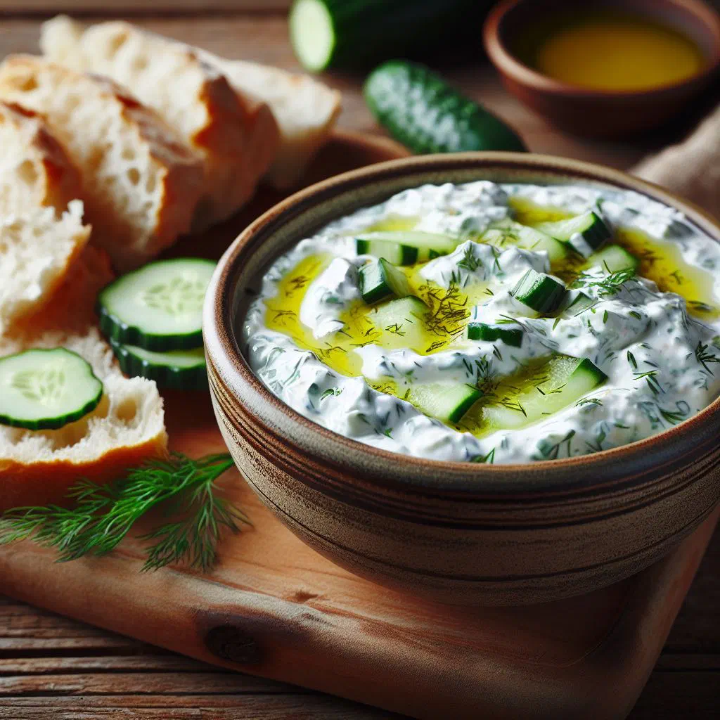 Creamy tzatziki dip with grated cucumber, dill and a drizzle of olive oil