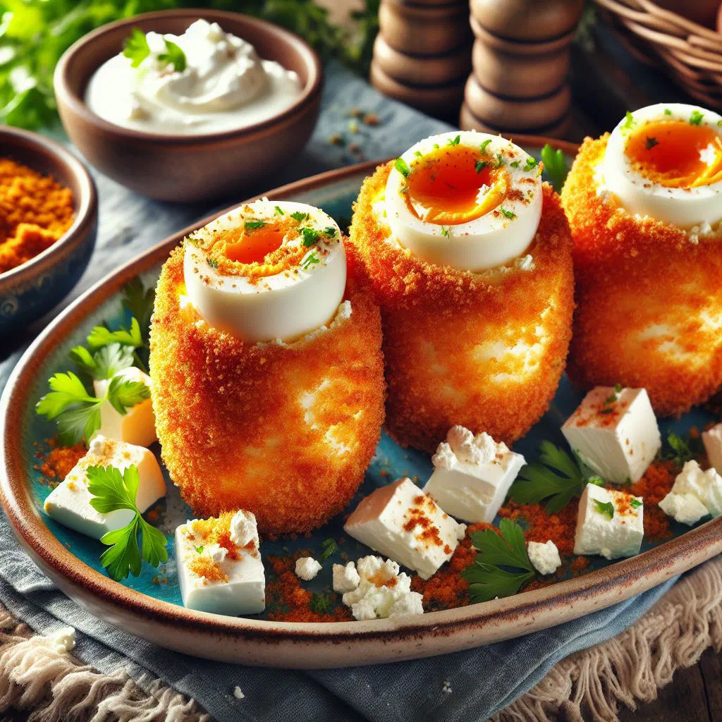 Pan of Bulgarian eggs with feta, peppers and fresh herbs