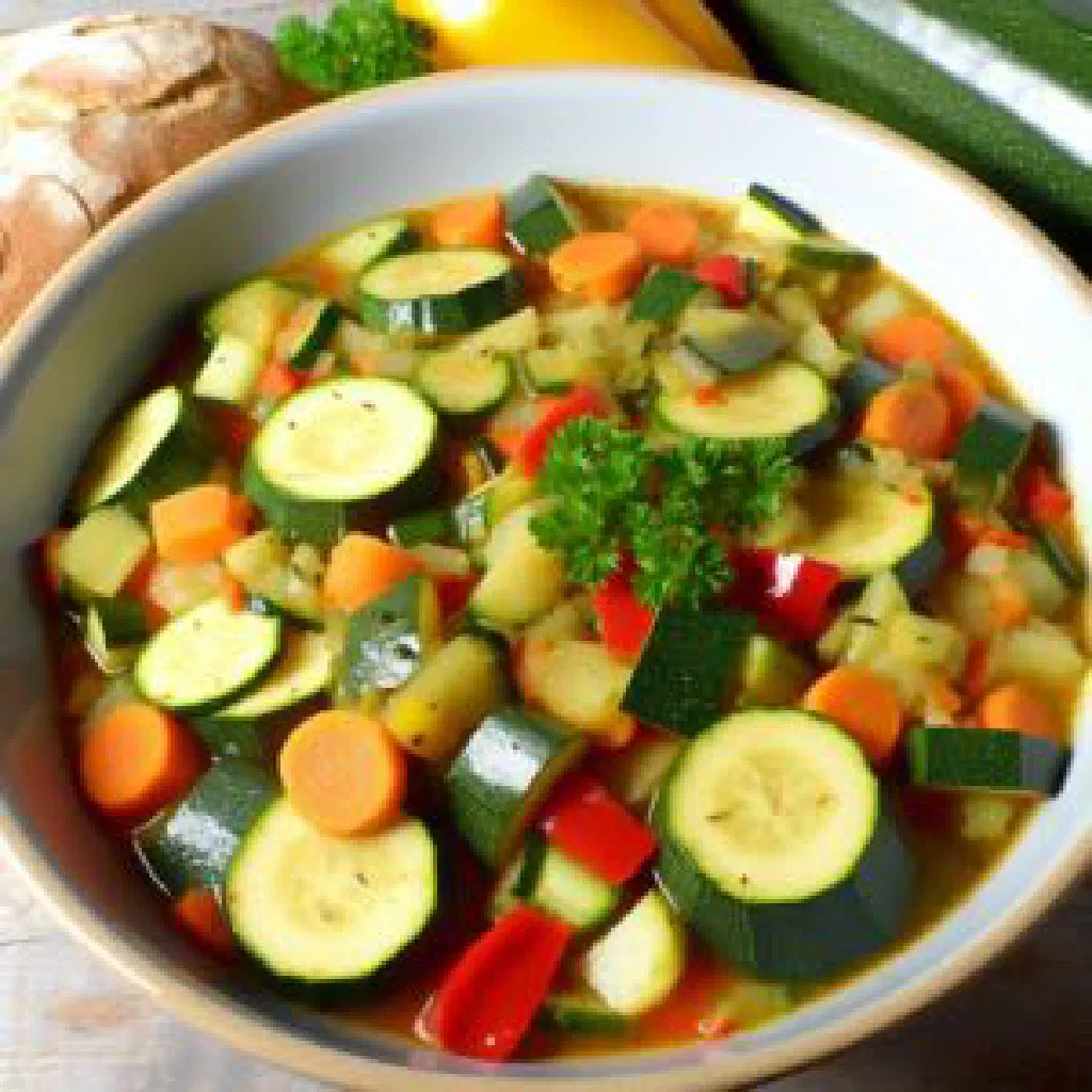 Bulgarian zelenchuki vegetable stew with courgette, peppers and fresh herbs