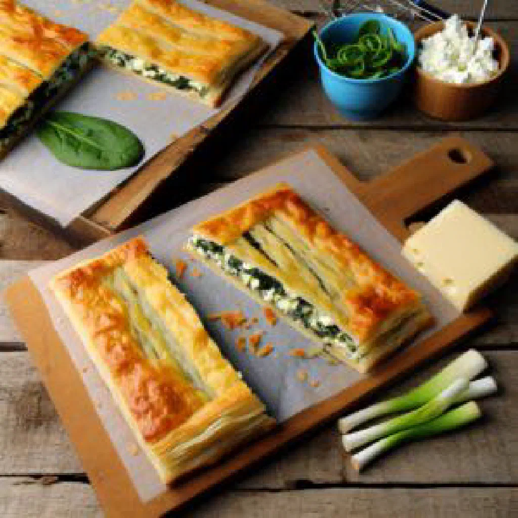 Golden baked zelnik pastry roll sliced to show the spinach and feta filling