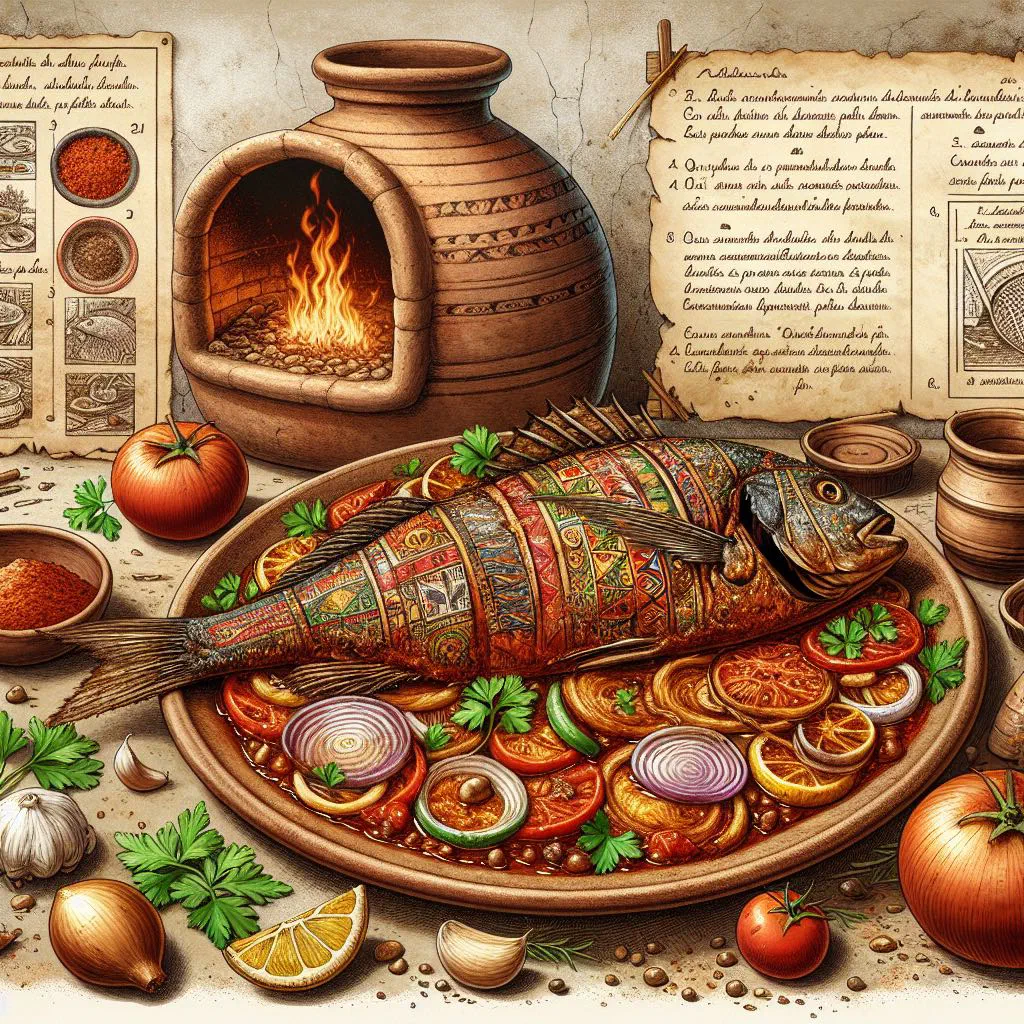 Whole baked fish with lemon slices and fresh herbs on a platter