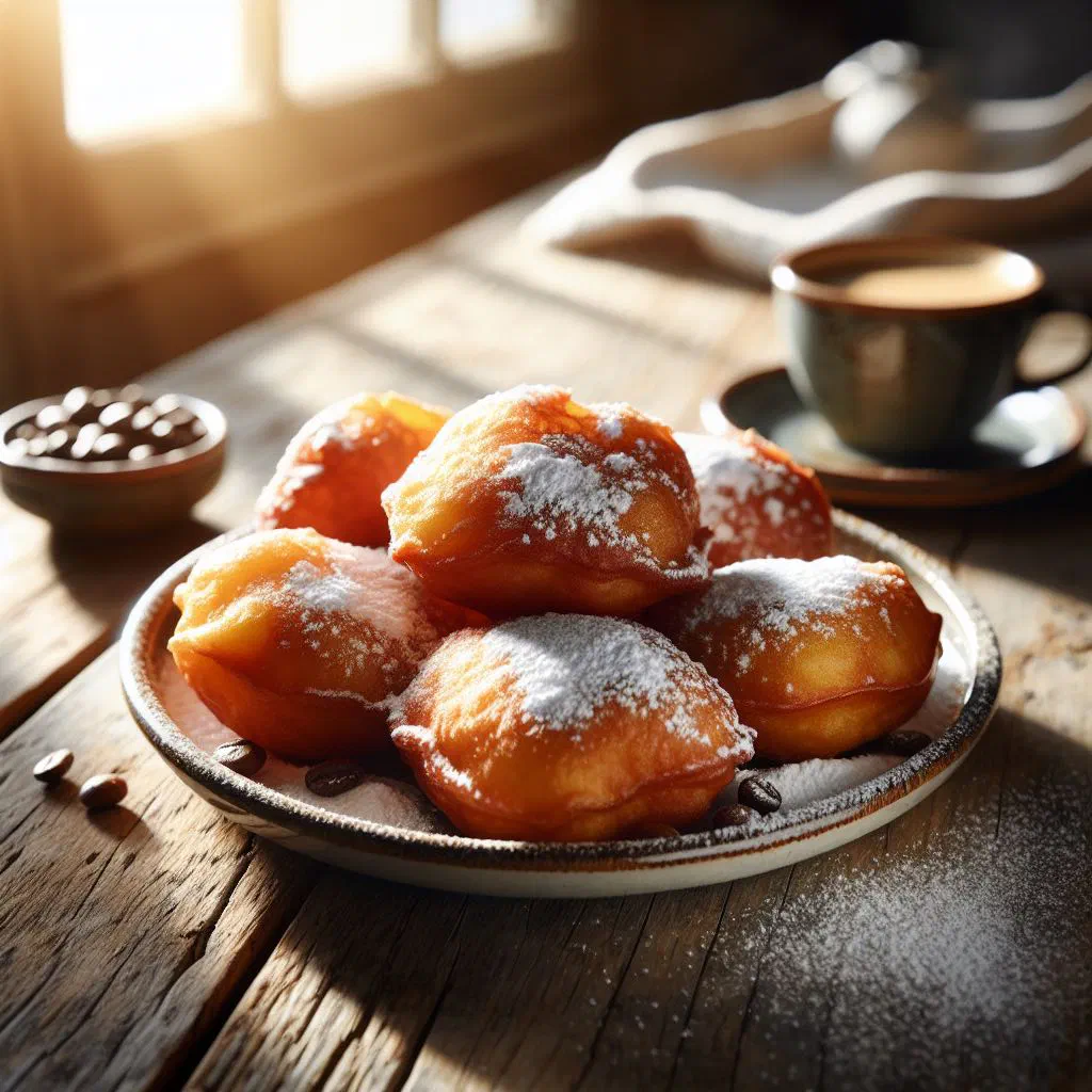 Golden fried bean fritters piled on a plate with fresh herbs
