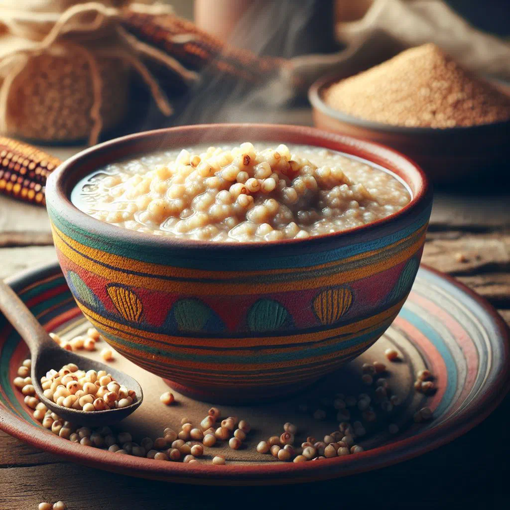 Bowl of creamy millet porridge topped with honey and fresh fruit
